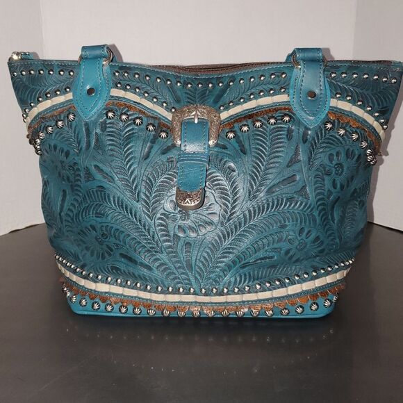 American West Handbags - American West Blue Ridge Tooled Leather Zip Bucket Tote Shoulder Bag Turquoise